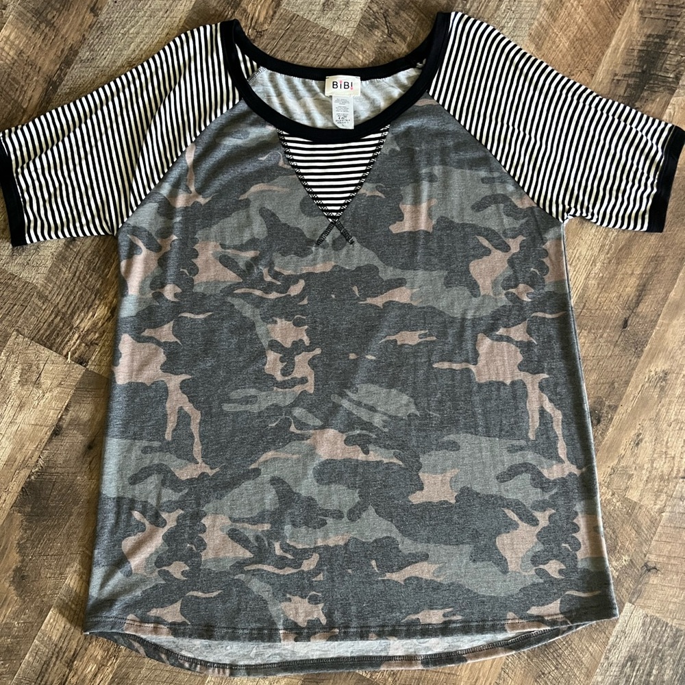 BiBi Black and White Striped and Camo Top